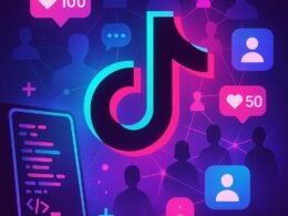 Stilisiertes TikTok-Logo im Mittelpunkt, umgeben von digitalen Symbolen wie Likes, Kommentaren und Follower-Icons, mit schemenhaften Personen im Hintergrund und technischer Darstellung eines Smartphones mit Codezeilen, symbolisiert Wachstum und Vernetzung im digitalen Zeitalter.