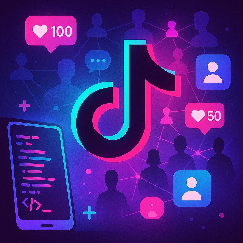 Stilisiertes TikTok-Logo im Mittelpunkt, umgeben von digitalen Symbolen wie Likes, Kommentaren und Follower-Icons, mit schemenhaften Personen im Hintergrund und technischer Darstellung eines Smartphones mit Codezeilen, symbolisiert Wachstum und Vernetzung im digitalen Zeitalter.
