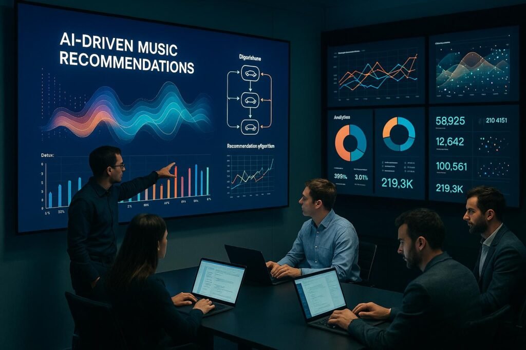 Futuristischer Kontrollraum mit digitalen Bildschirmen, Experten in lockerer Geschäftskleidung analysieren Daten zu KI-Musikempfehlungen, beleuchtet durch sanftes Licht. Credit: 404 Magazine (Tobias Hager)