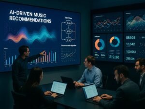 Futuristischer Kontrollraum mit digitalen Bildschirmen, Experten in lockerer Geschäftskleidung analysieren Daten zu KI-Musikempfehlungen, beleuchtet durch sanftes Licht. Credit: 404 Magazine (Tobias Hager)