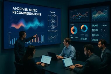 Futuristischer Kontrollraum mit digitalen Bildschirmen, Experten in lockerer Geschäftskleidung analysieren Daten zu KI-Musikempfehlungen, beleuchtet durch sanftes Licht. Credit: 404 Magazine (Tobias Hager)