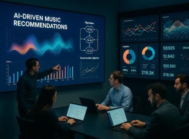 Futuristischer Kontrollraum mit digitalen Bildschirmen, Experten in lockerer Geschäftskleidung analysieren Daten zu KI-Musikempfehlungen, beleuchtet durch sanftes Licht. Credit: 404 Magazine (Tobias Hager)