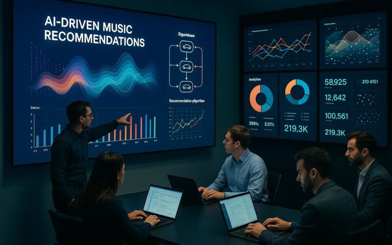 Futuristischer Kontrollraum mit digitalen Bildschirmen, Experten in lockerer Geschäftskleidung analysieren Daten zu KI-Musikempfehlungen, beleuchtet durch sanftes Licht. Credit: 404 Magazine (Tobias Hager)