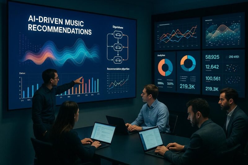 Futuristischer Kontrollraum mit digitalen Bildschirmen, Experten in lockerer Geschäftskleidung analysieren Daten zu KI-Musikempfehlungen, beleuchtet durch sanftes Licht. Credit: 404 Magazine (Tobias Hager)