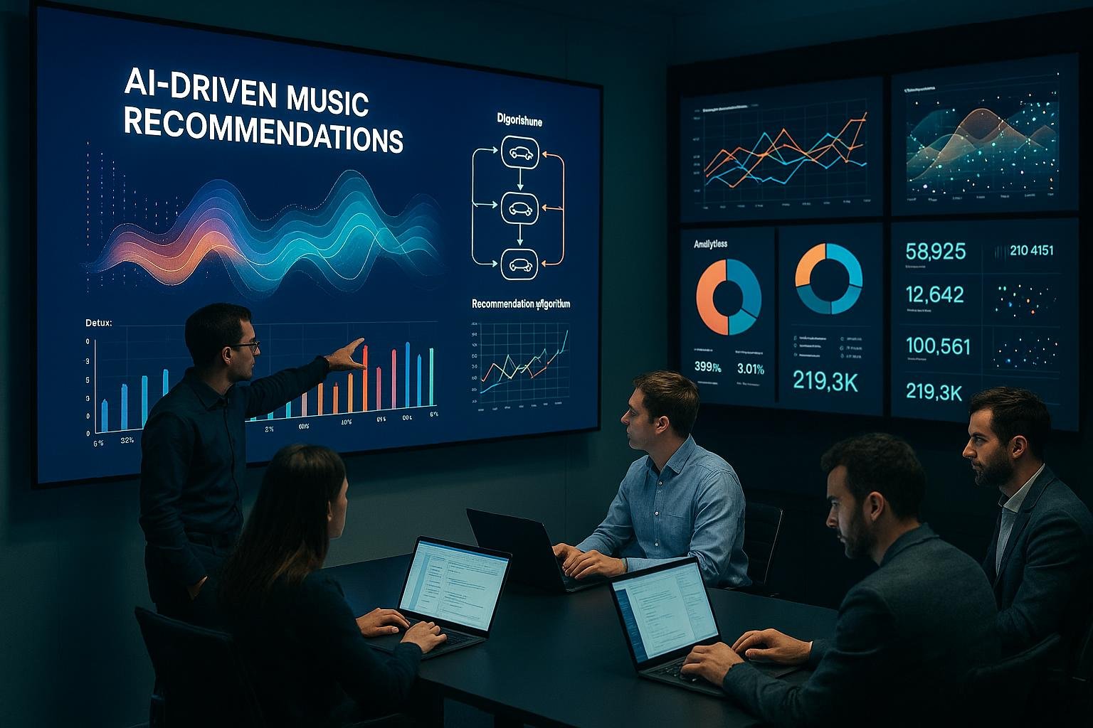 Futuristischer Kontrollraum mit digitalen Bildschirmen, Experten in lockerer Geschäftskleidung analysieren Daten zu KI-Musikempfehlungen, beleuchtet durch sanftes Licht. Credit: 404 Magazine (Tobias Hager)