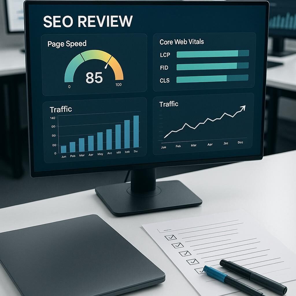 Bild eines professionellen Bildschirms mit SEO-Analyse-Dashboard, Diagrammen und KPIs, umgeben von Notizblättern und Markern, in einer sauberen, tech-orientierten Umgebung.