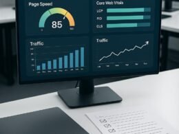 Bild eines professionellen Bildschirms mit SEO-Analyse-Dashboard, Diagrammen und KPIs, umgeben von Notizblättern und Markern, in einer sauberen, tech-orientierten Umgebung.
