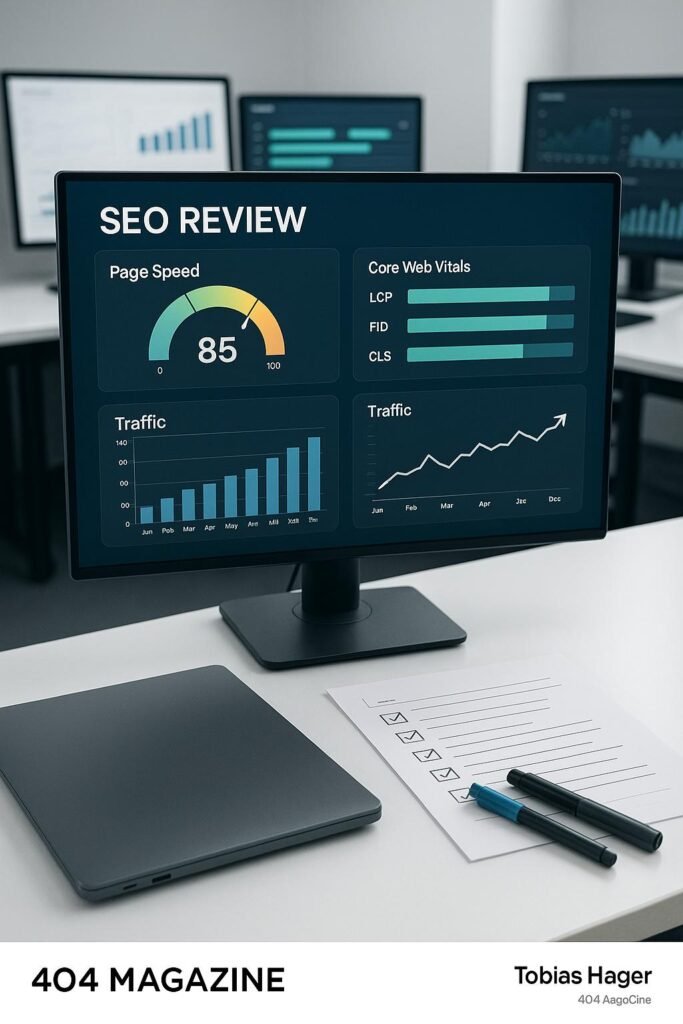 Bild eines professionellen Bildschirms mit SEO-Analyse-Dashboard, Diagrammen und KPIs, umgeben von Notizblättern und Markern, in einer sauberen, tech-orientierten Umgebung.