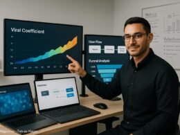 Moderner digitaler Arbeitsplatz mit Analyst, der Viral Coefficient Trendlinie auf großem Monitor zeigt, umgeben von Analyse-Tools und minimalistischer Büroeinrichtung