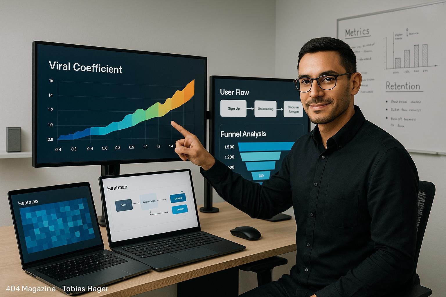 Moderner digitaler Arbeitsplatz mit Analyst, der Viral Coefficient Trendlinie auf großem Monitor zeigt, umgeben von Analyse-Tools und minimalistischer Büroeinrichtung
