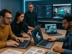Moderne Kreativitätswerkstatt mit Entwicklern und Designern, die an Laptops, 3D-Modeling-Software und AR-Tools arbeiten, im futuristischen Raum mit LED-Beleuchtung.