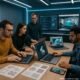 Moderne Kreativitätswerkstatt mit Entwicklern und Designern, die an Laptops, 3D-Modeling-Software und AR-Tools arbeiten, im futuristischen Raum mit LED-Beleuchtung.