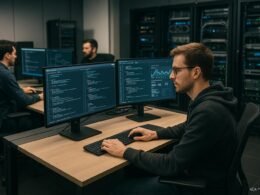 Modernes Entwickler-Büro mit großen Bildschirmen, Server-Racks und technischen Geräten im Hintergrund