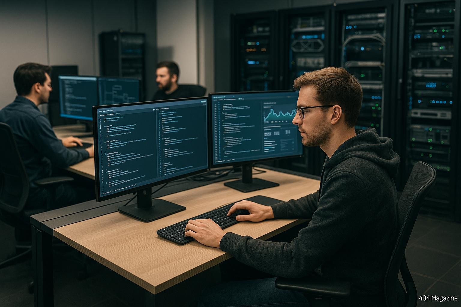 Modernes Entwickler-Büro mit großen Bildschirmen, Server-Racks und technischen Geräten im Hintergrund