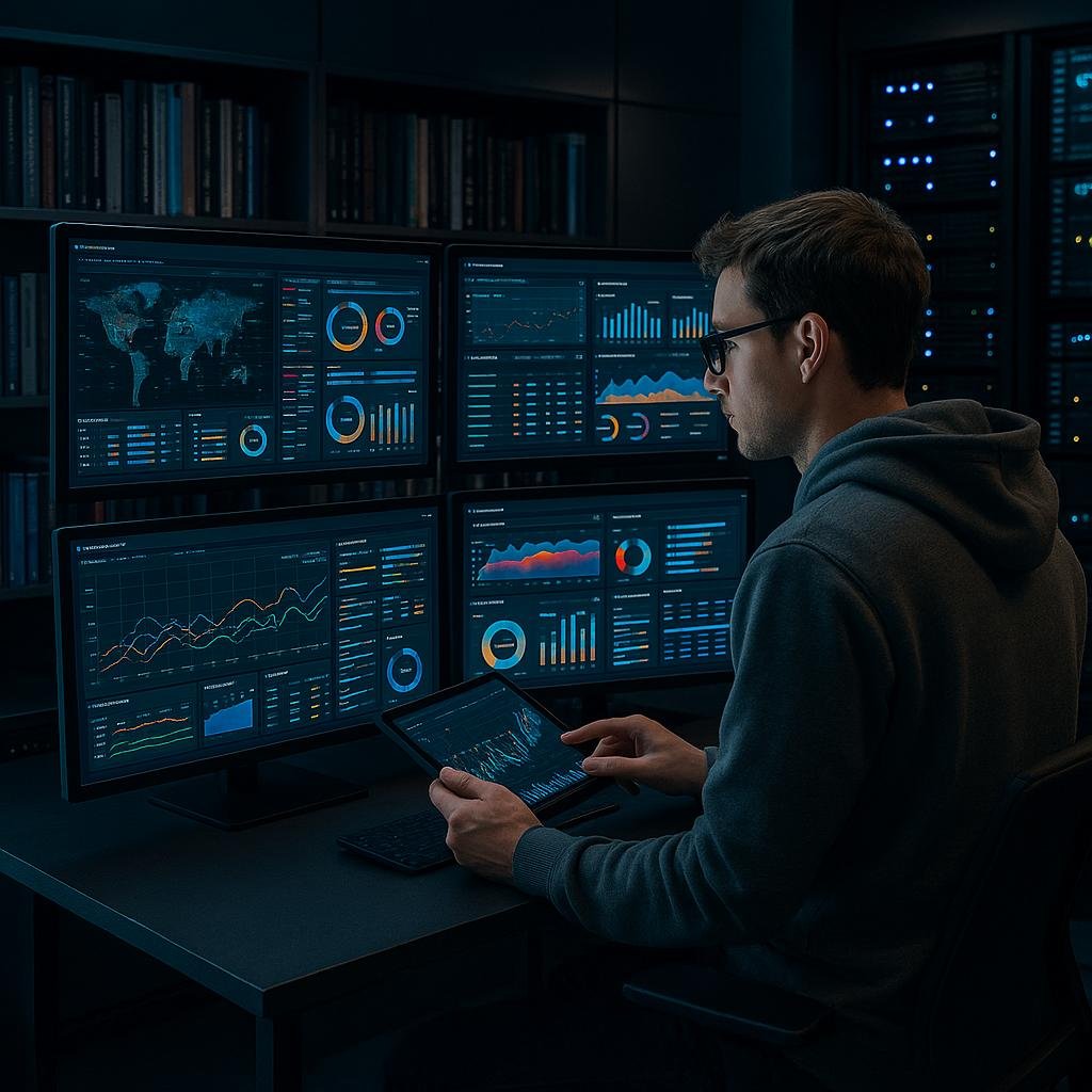 Futuristischer Arbeitsraum mit großen Bildschirmen, Datenvisualisierungen und einem Entwickler in Hoodie, der mit einem Tablet arbeitet