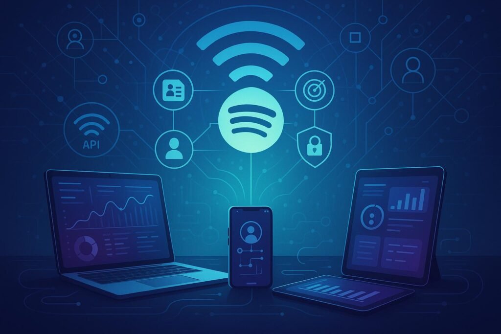 Moderne digitale Marketing-Szene mit Laptops, Smartphones und Tablets, verbunden durch Datenströme und API-Netzwerke, mit einem schwebe Spotify-Logo und Symbolen für Datenschutz und Automatisierung in futuristischen Blau- und Violetttönen.