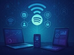 Moderne digitale Marketing-Szene mit Laptops, Smartphones und Tablets, verbunden durch Datenströme und API-Netzwerke, mit einem schwebe Spotify-Logo und Symbolen für Datenschutz und Automatisierung in futuristischen Blau- und Violetttönen.