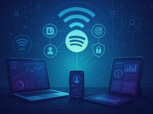 Moderne digitale Marketing-Szene mit Laptops, Smartphones und Tablets, verbunden durch Datenströme und API-Netzwerke, mit einem schwebe Spotify-Logo und Symbolen für Datenschutz und Automatisierung in futuristischen Blau- und Violetttönen.
