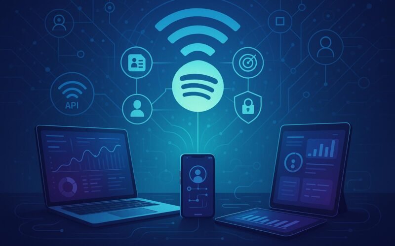 Moderne digitale Marketing-Szene mit Laptops, Smartphones und Tablets, verbunden durch Datenströme und API-Netzwerke, mit einem schwebe Spotify-Logo und Symbolen für Datenschutz und Automatisierung in futuristischen Blau- und Violetttönen.