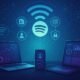 Moderne digitale Marketing-Szene mit Laptops, Smartphones und Tablets, verbunden durch Datenströme und API-Netzwerke, mit einem schwebe Spotify-Logo und Symbolen für Datenschutz und Automatisierung in futuristischen Blau- und Violetttönen.