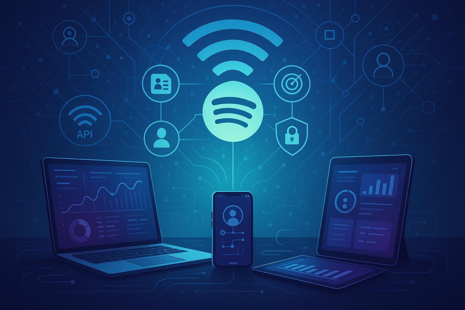 Moderne digitale Marketing-Szene mit Laptops, Smartphones und Tablets, verbunden durch Datenströme und API-Netzwerke, mit einem schwebe Spotify-Logo und Symbolen für Datenschutz und Automatisierung in futuristischen Blau- und Violetttönen.