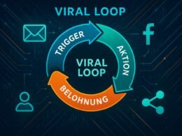 Schematische Darstellung eines Viral Loops mit Kreislauf, Icons für E-Mails, soziale Netzwerke, Teilen-Buttons und Nutzerprofile, umgeben von leuchtenden Linien für Datenströme, in blauen, grünen und orangenen Tönen, vom 404 Magazine (Tobias Hager).