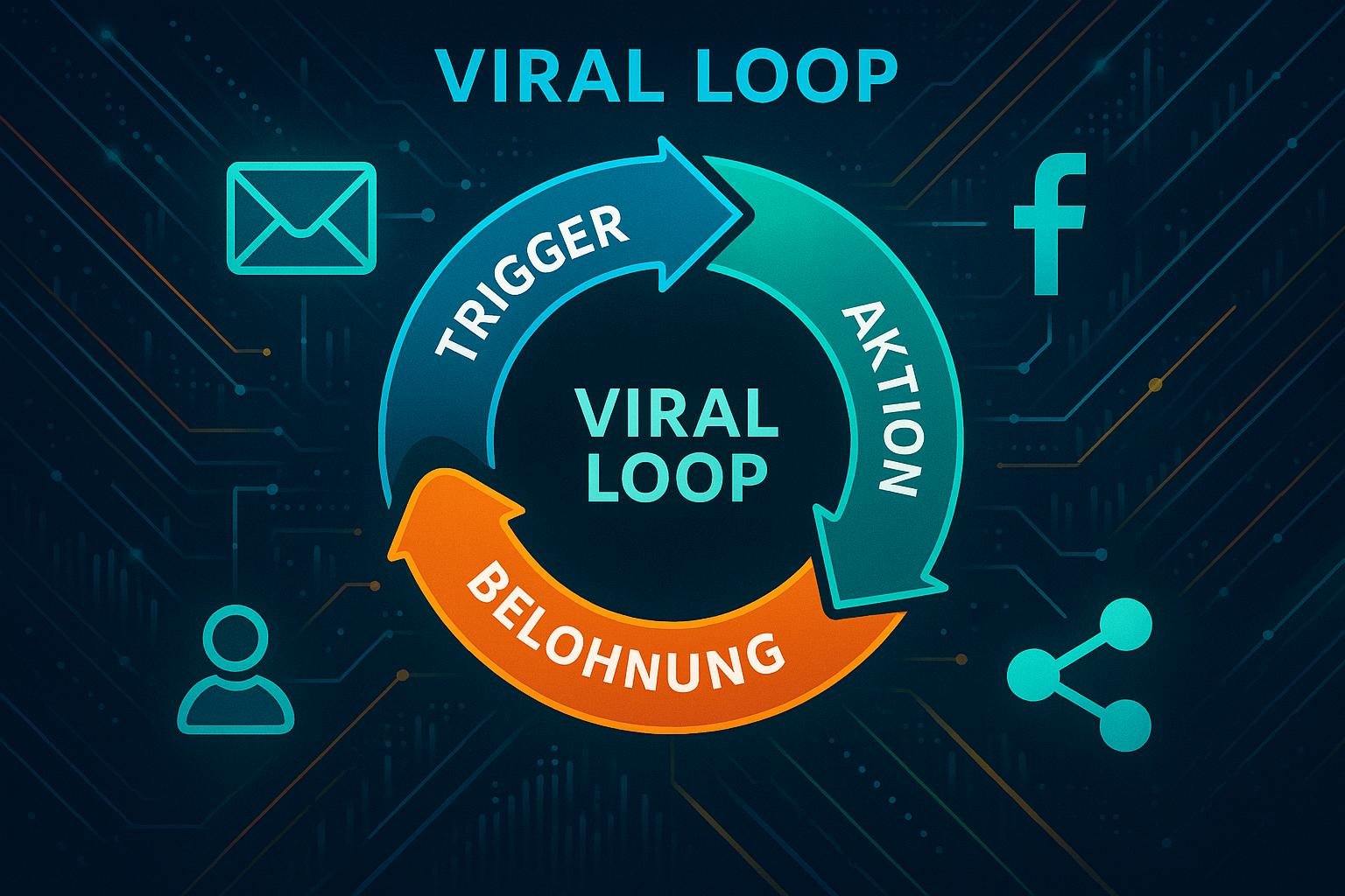 Schematische Darstellung eines Viral Loops mit Kreislauf, Icons für E-Mails, soziale Netzwerke, Teilen-Buttons und Nutzerprofile, umgeben von leuchtenden Linien für Datenströme, in blauen, grünen und orangenen Tönen, vom 404 Magazine (Tobias Hager).