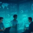 Futuristischer Kontrollraum mit holographischen Interfaces, Digitalanzeigen und Teamarbeit in einer technologisch fortschrittlichen Umgebung
