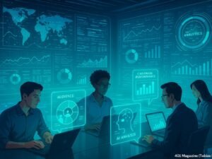 Futuristischer Kontrollraum mit holographischen Interfaces, Digitalanzeigen und Teamarbeit in einer technologisch fortschrittlichen Umgebung