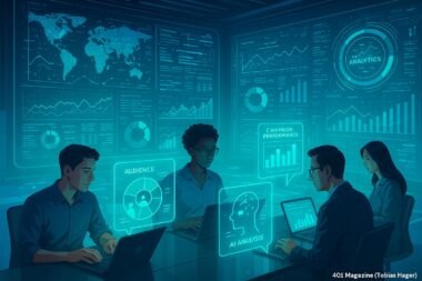 Futuristischer Kontrollraum mit holographischen Interfaces, Digitalanzeigen und Teamarbeit in einer technologisch fortschrittlichen Umgebung