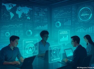 Futuristischer Kontrollraum mit holographischen Interfaces, Digitalanzeigen und Teamarbeit in einer technologisch fortschrittlichen Umgebung