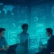 Futuristischer Kontrollraum mit holographischen Interfaces, Digitalanzeigen und Teamarbeit in einer technologisch fortschrittlichen Umgebung