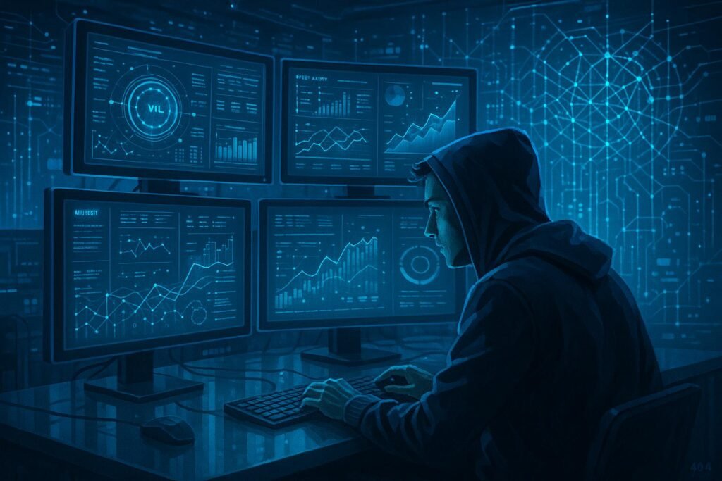 Futuristische Arbeitsumgebung mit Analyst in Hoodie, mehreren Monitoren und holografischen Datenströmen