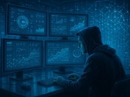 Futuristische Arbeitsumgebung mit Analyst in Hoodie, mehreren Monitoren und holografischen Datenströmen