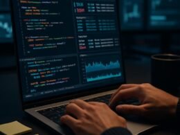 Nahaufnahme der Hände eines Entwicklers bei der Arbeit an einem Laptop mit farbenfrohem Code und Systemgrafiken in einer modernen, gedimmten Arbeitsumgebung