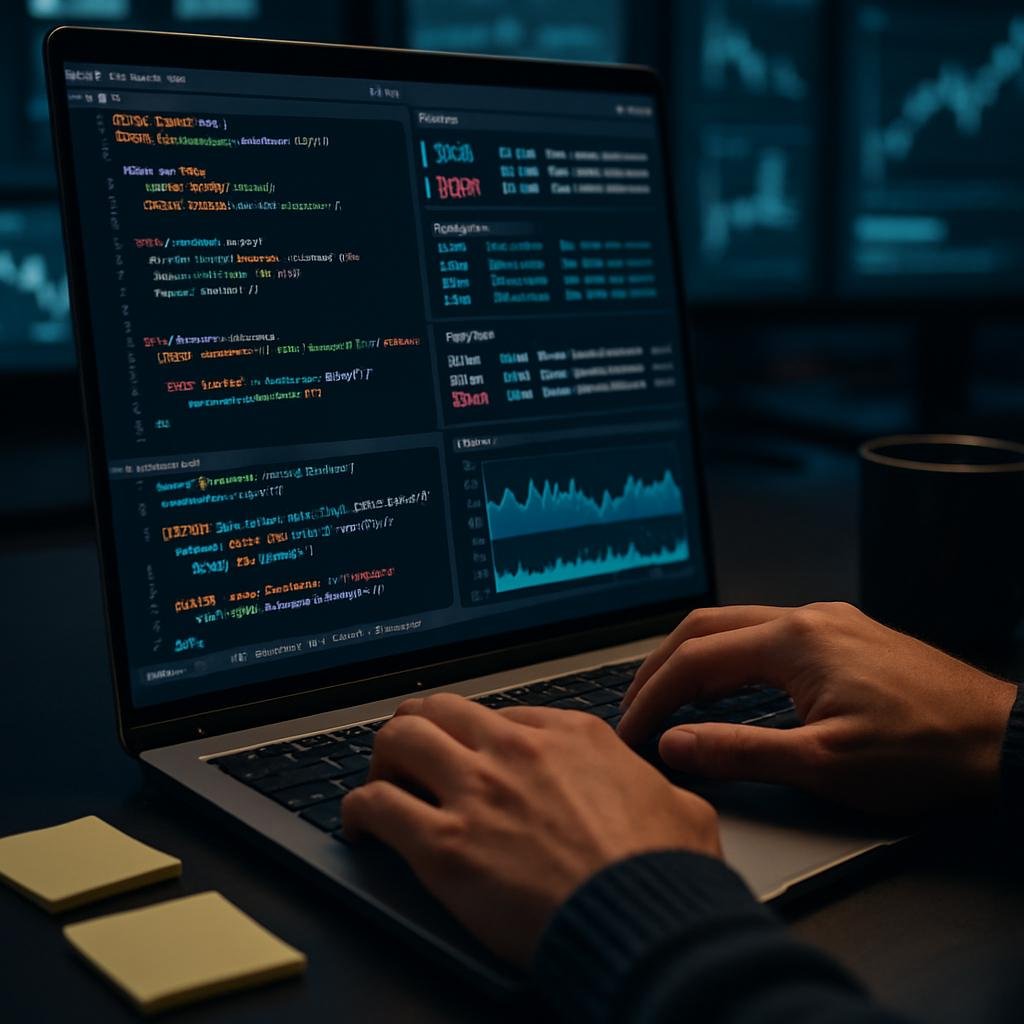 Nahaufnahme der Hände eines Entwicklers bei der Arbeit an einem Laptop mit farbenfrohem Code und Systemgrafiken in einer modernen, gedimmten Arbeitsumgebung