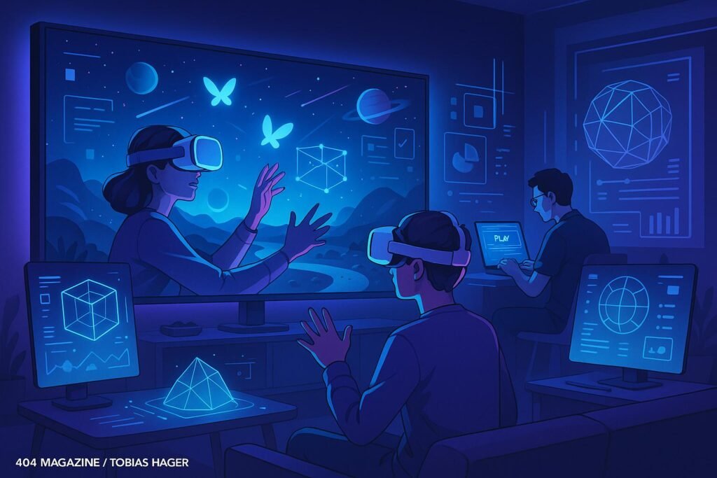 Futuristisches Wohnzimmer mit VR-Headset, 3D-Assets auf Monitoren und holografischen Elementen, die technologische Innovationen darstellen