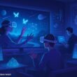 Futuristisches Wohnzimmer mit VR-Headset, 3D-Assets auf Monitoren und holografischen Elementen, die technologische Innovationen darstellen