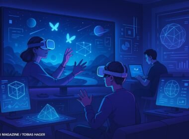Futuristisches Wohnzimmer mit VR-Headset, 3D-Assets auf Monitoren und holografischen Elementen, die technologische Innovationen darstellen