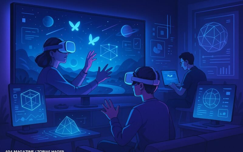 Futuristisches Wohnzimmer mit VR-Headset, 3D-Assets auf Monitoren und holografischen Elementen, die technologische Innovationen darstellen