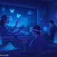 Futuristisches Wohnzimmer mit VR-Headset, 3D-Assets auf Monitoren und holografischen Elementen, die technologische Innovationen darstellen