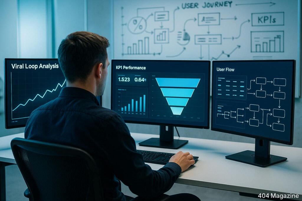 Data-Analyst vor mehreren großen Monitoren mit Diagrammen, KPIs und Echtzeit-Datenvisualisierungen im modernen, futuristischen Bürolayout