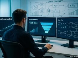 Data-Analyst vor mehreren großen Monitoren mit Diagrammen, KPIs und Echtzeit-Datenvisualisierungen im modernen, futuristischen Bürolayout