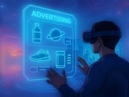 Futuristischer virtueller Raum mit schwebender, interaktiver 3D-Werbetafel, holographischen Produkten und lebendigen VR-Elementen im Hintergrund.