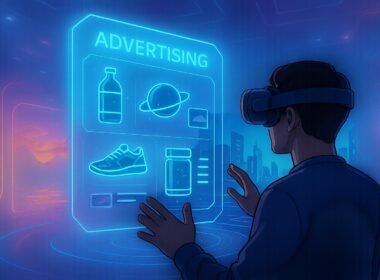 Futuristischer virtueller Raum mit schwebender, interaktiver 3D-Werbetafel, holographischen Produkten und lebendigen VR-Elementen im Hintergrund.