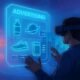 Futuristischer virtueller Raum mit schwebender, interaktiver 3D-Werbetafel, holographischen Produkten und lebendigen VR-Elementen im Hintergrund.