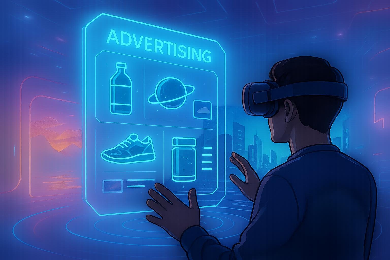 Futuristischer virtueller Raum mit schwebender, interaktiver 3D-Werbetafel, holographischen Produkten und lebendigen VR-Elementen im Hintergrund.
