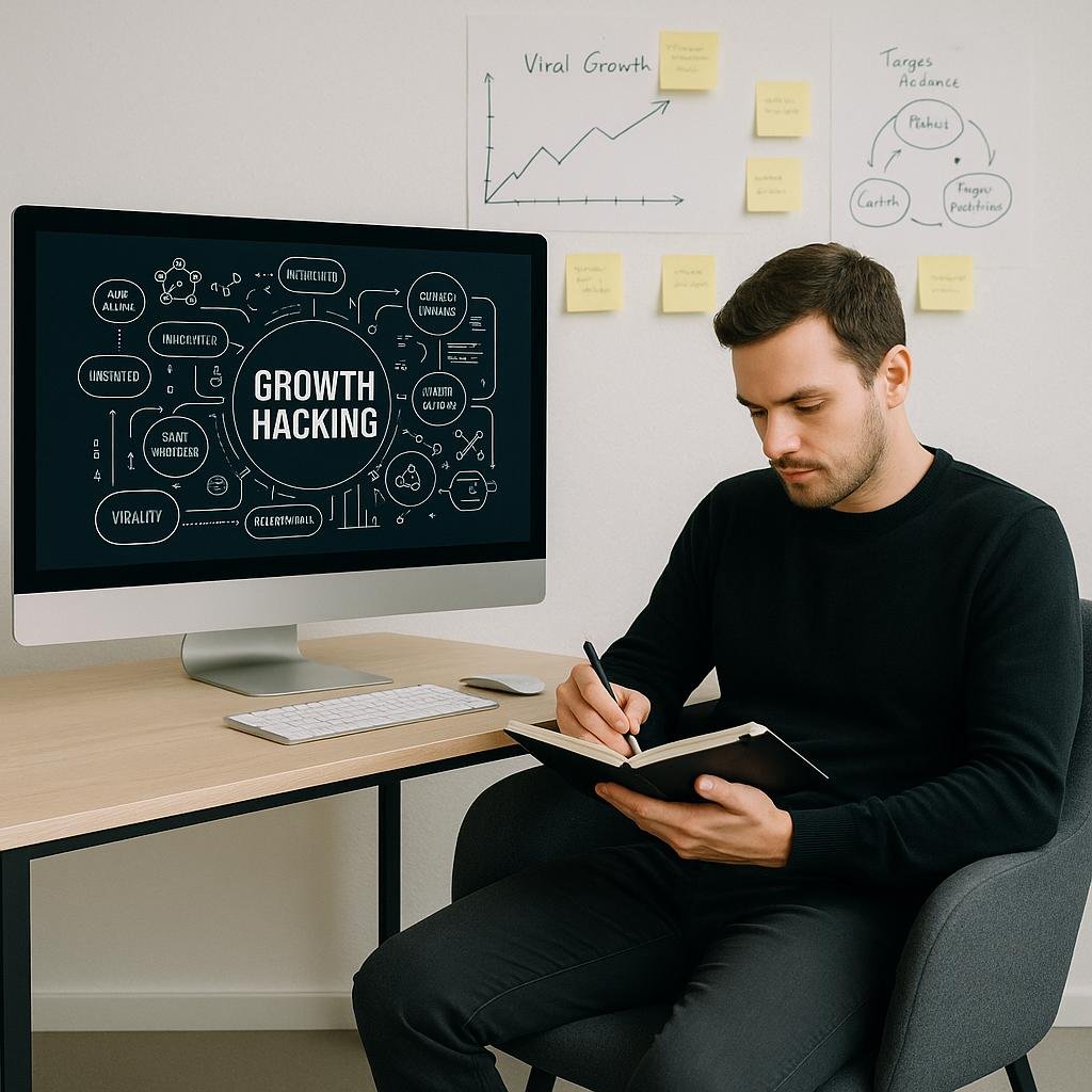Modernes Büro-Setup mit großem Bildschirm, Person macht Notizen, weiße Wände mit Diagrammen und Sticky Notes, symbolisiert Innovation und strategisches Wachstum
