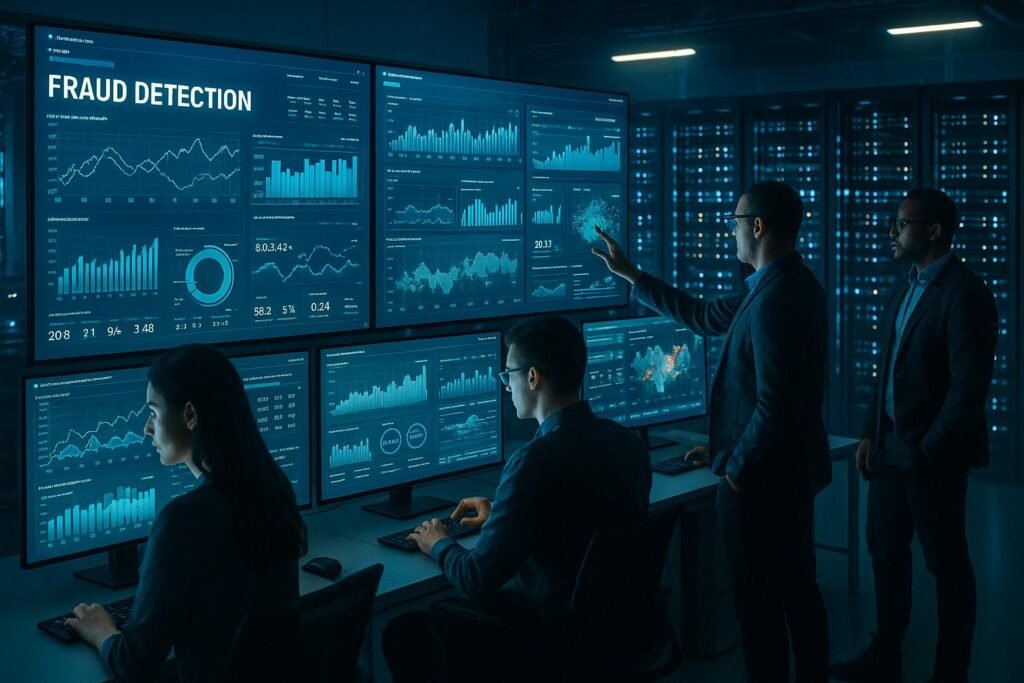 Hochentwickeltes Kontrollzentrum mit Datenanalysten, großen Bildschirmen und Serverräumen zur Betrugsbekämpfung im digitalen Advertising