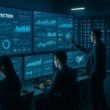Hochentwickeltes Kontrollzentrum mit Datenanalysten, großen Bildschirmen und Serverräumen zur Betrugsbekämpfung im digitalen Advertising